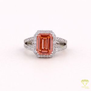 925 Sterling Silver Halo Split Shank Emerald Cut Peach Stone Moissanite Diamond Ring