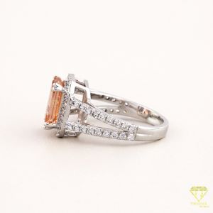 925 Sterling Silver Halo Split Shank Emerald Cut Peach Stone Moissanite Diamond Ring