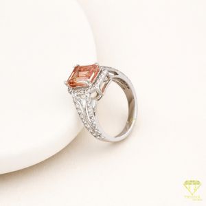 925 Sterling Silver Halo Split Shank Emerald Cut Peach Stone Moissanite Diamond Ring
