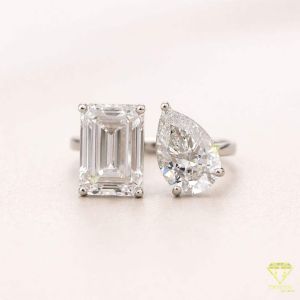 925 Sterling Silver Emerald Pear Cut Moissanite Diamond Open Adjustable Ring