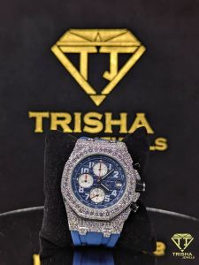 Premium Navy Blue Chronograph Dial Moissanite Diamond Watch