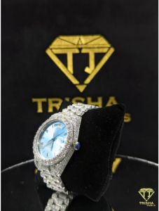 Fully Iced Out Silver Ice Blue Dial VVS Moissanite Diamond Luxury Hip Hop Watch