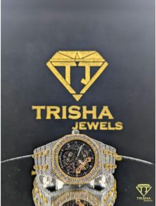 Fully Iced Out Skeleton Dial Gold Accent VVS Moissanite Diamond Luxury Hip Hop Watch