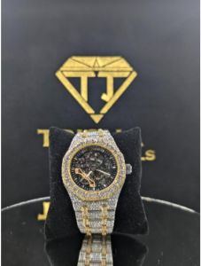 Fully Iced Out Skeleton Dial Gold Accent VVS Moissanite Diamond Luxury Hip Hop Watch