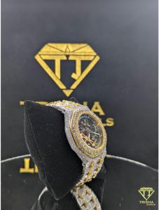 Fully Iced Out Skeleton Dial Gold Accent VVS Moissanite Diamond Luxury Hip Hop Watch