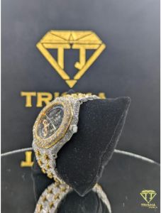 Fully Iced Out Skeleton Dial Gold Accent VVS Moissanite Diamond Luxury Hip Hop Watch