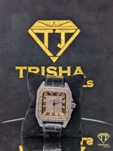 Bust Down Black Leather Strap Diamond Watch