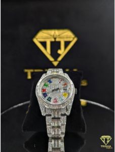 Luxury Rainbow Dial Fully Iced Out Silver VVS Moissanite Diamond Hip Hop Wrist Watch