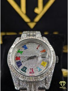 Luxury Rainbow Dial Fully Iced Out Silver VVS Moissanite Diamond Hip Hop Wrist Watch