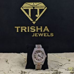 Fully Iced Out Two Tone Rose Gold Roman Dial VVS Moissanite Diamond Watch