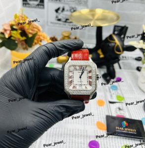 Iced Out Automatic Moissanite Red Leather Luxury Watch