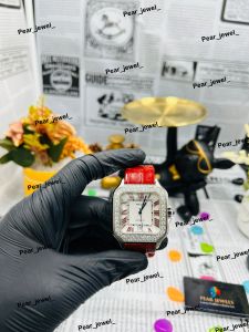 Iced Out Automatic Moissanite Red Leather Luxury Watch
