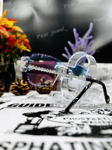 Iced Out Silver Rimless Moissanite Diamond Blue Sunglasses