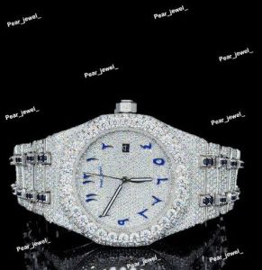 Stainless Steel Iced Out Blue Arabic Dial VVS Moissanite Luxury Watch