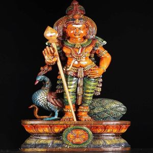 36 Inches Hand Carved Wooden Murugan Idol
