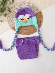 Handmade Crochet Baby Owl Hat &AMP; Diaper Cover Set