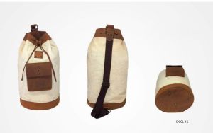 Beige Leather Trim Drawstring Duffel Bag