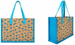Blue Printed Jute Beach Bag