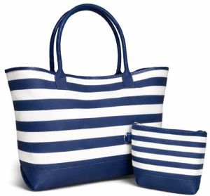 Blue Striped Cotton Canvas Beach Bag with PU Trim