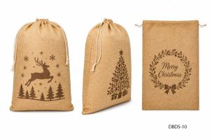 Christmas Printed Jute Drawstring Bag