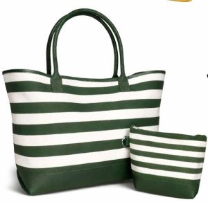 Green Striped Cotton Canvas Beach Bag with PU Trim