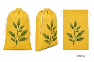 Leaf Printed Yellow Drawstring Jute Bag