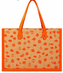 Orange Printed Jute Beach Bag