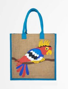 Parrot Embroidered Jute Beach Bag