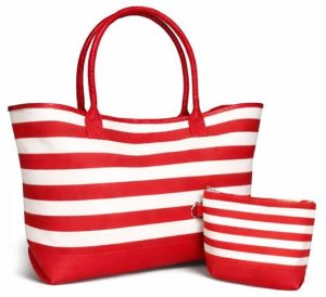 Red Striped Cotton Canvas Beach Bag with PU Trim