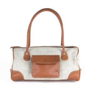 Striped Canvas Leather Trim Handbag