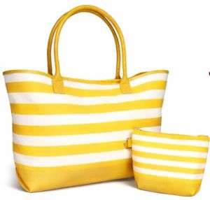 Yellow Striped Cotton Canvas Beach Bag with PU Trim