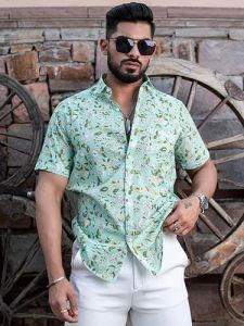 Mens Botanical Print Half Sleeve Cotton Casual Shirt
