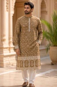 Mens Brown Printed Designer Kurta Pajama Set