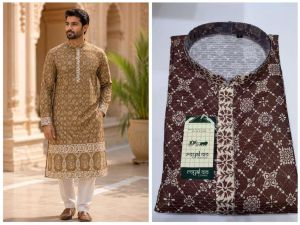 Mens Brown Printed Designer Kurta Pajama Set