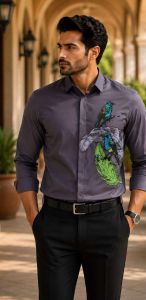 Mens Charcoal Bird Graphic Designer Shirt