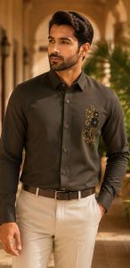 Mens Charcoal Floral Embroidered Shirt
