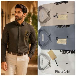 Mens Charcoal Floral Embroidered Shirt