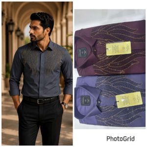 Mens Charcoal Studded Designer Party Shirt