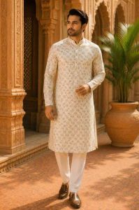 Mens Cream Printed Designer Kurta Pajama Set