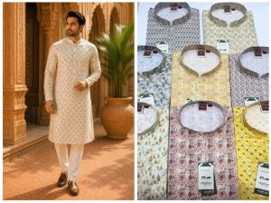 Mens Cream Printed Designer Kurta Pajama Set