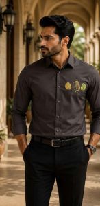 Mens Dark Brown Leaf Embroidered Shirt