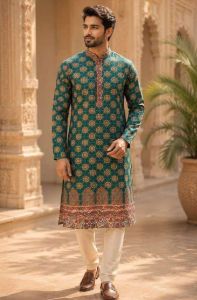 Mens Green Printed Designer Kurta Pajama Set