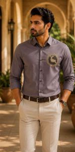 Mens Grey Lion Crest Embroidered Shirt