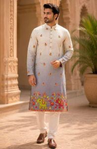 Mens Grey Printed Designer Kurta Pajama Set