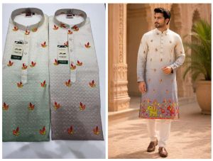 Mens Grey Printed Designer Kurta Pajama Set