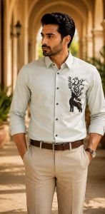 Mens Ivory Deer Embroidered Shirt