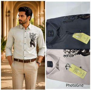 Mens Ivory Deer Embroidered Shirt