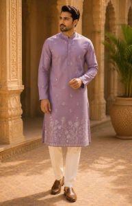 Mens Lavender Embroidered Kurta Pajama Set