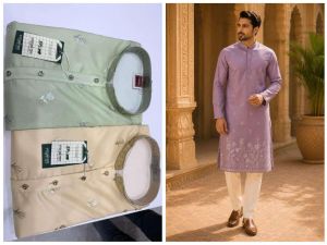Mens Lavender Embroidered Kurta Pajama Set