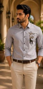 Mens Light Grey Reindeer Embroidered Shirt